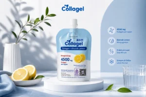Kemasan Collagel premium dengan 4500 mg marine collagen rasa lemon, BPOM, halal, mulai Rp29.000.
